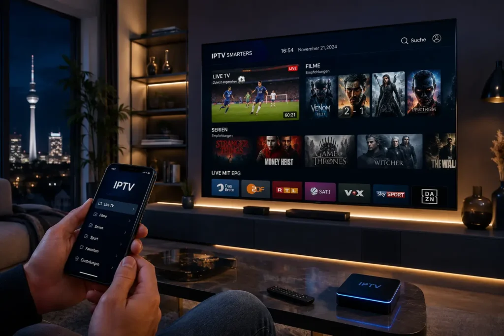 Premium IPTV Einrichtung auf Smart TV mit Live Sport und Streaming Apps im modernen Wohnzimmer