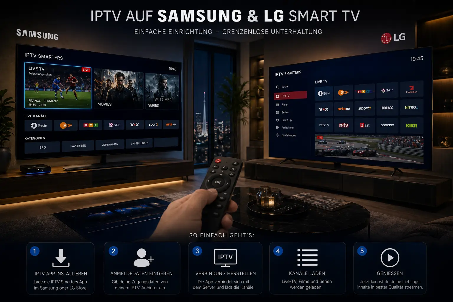 IPTV App Einrichtung auf Samsung und LG Smart TV mit Streaming Oberfläche