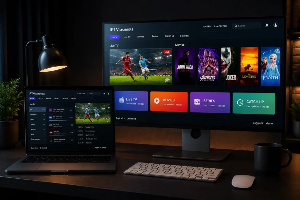 Laptop und Desktop Computer mit IPTV Player und Live Streaming