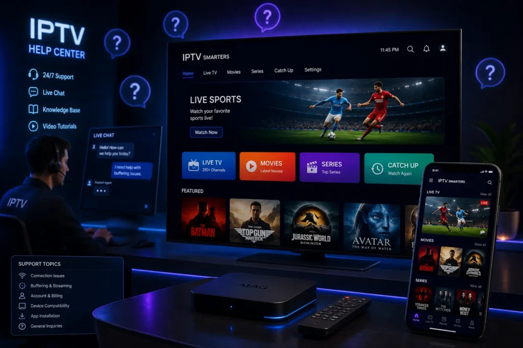 IPTV Hilfezentrum mit Smart TV und Support Symbolen